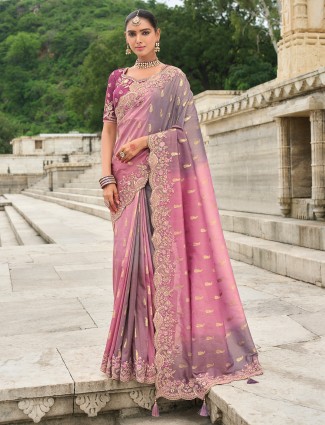 Purple pink printed tissue silk saree design