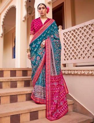 Teal blue silk wedding saree with unstitched blouse