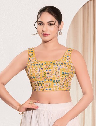 Yellow printed ready made blouse in printed