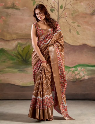 Brown silk printed saree with unstitched blouse