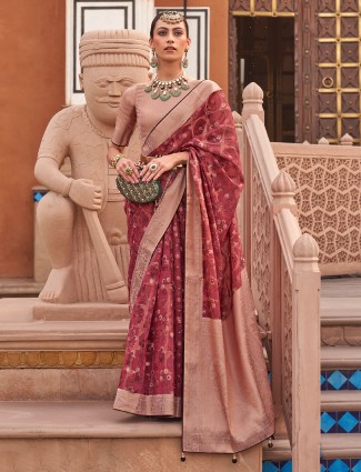 Maroon zari organza saree for festive glam