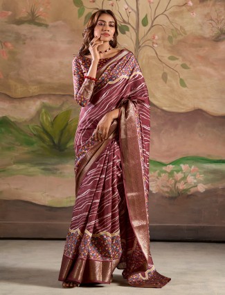Maroon printed silk saree for festive moments
