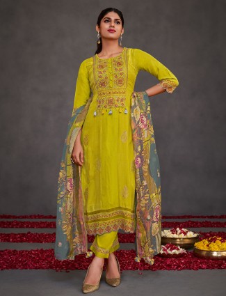 Mehendi green sequins worked salwar suit in muslin silk