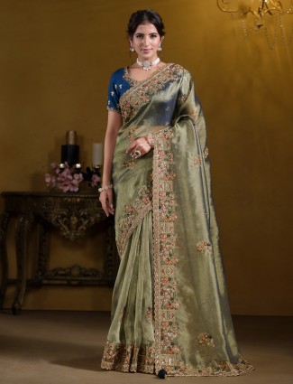 Pastel green georgette saree for wedding wear