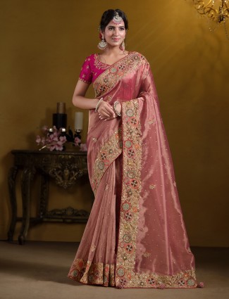 Organza pastel peach saree for wedding elegance