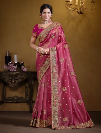 Organza pastel rani saree for wedding elegance