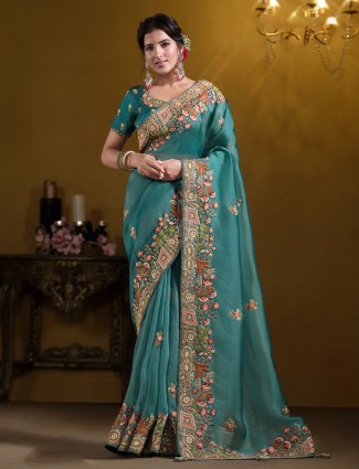 Tissue silk pastel teal blue saree for weddings