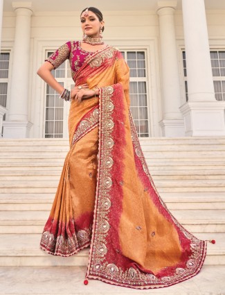 Peach crape saree with mirror and zari elegance