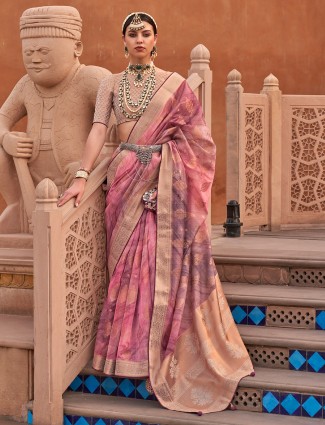 Pink zari organza saree with artistic prints