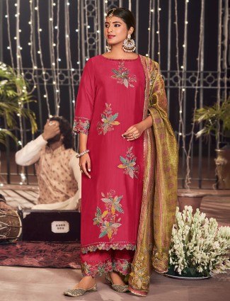 Rust red embroidery worked silk slwar suit