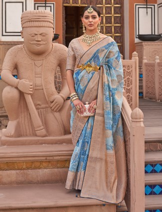 Sky blue digital print saree with shine