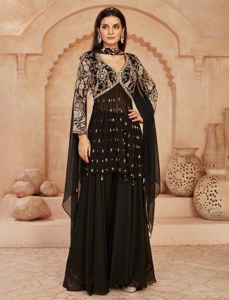 Black georgette pakistani palazzo suit with radiant detailing