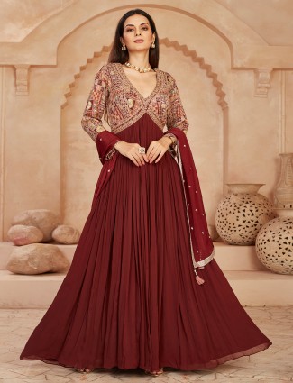 Brown georgette anarkali suit with statement accents