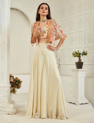 Cream georgette jacket palazzo suit with cowrie shell details