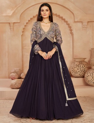 Dark purple georgette anarkali with cultural embellishments