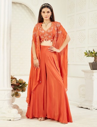 Deep orange satin jacket suit with thread and aabla finish