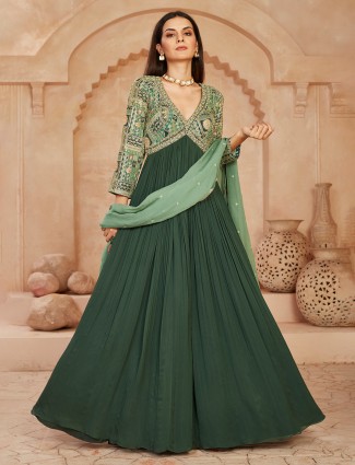 Green georgette anarkali suit with zardosi embellishments