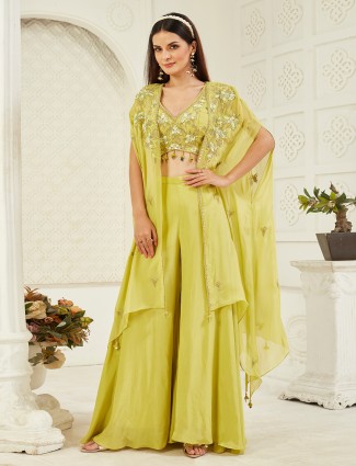 Lemon green satin silk jacket suit with hand embellishment