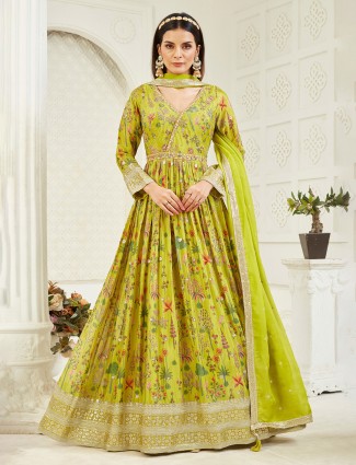 Lemon green anarkali suit with mirror embellishments