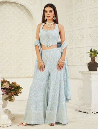 Light blue georgette palazzo suit with mirror detailing