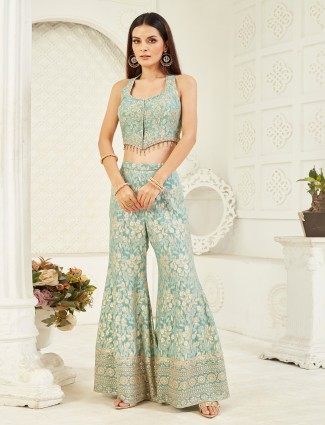 Light blue sleeveless silk palazzo suit with royal enhancements