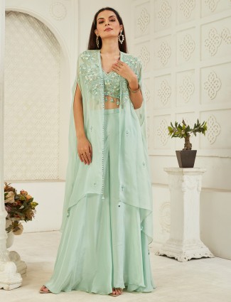Light green satin silk jacket suit with elegant touches