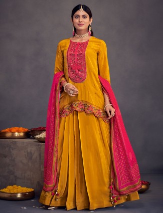 Mustard yellow festive wear salwar suit in crepe