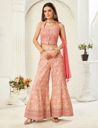 Onion pink sleeveless palazzo suit with traditional accents