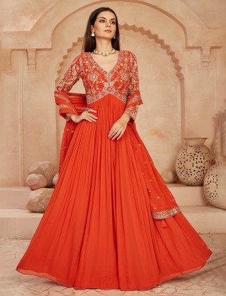 Orange anarkali suit featuring mirror and cutdana detailing