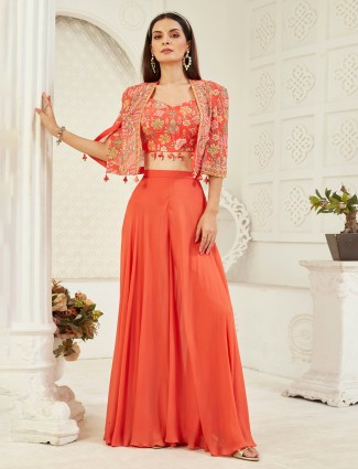 Orange jacket style palazzo suit with lively ethnic details