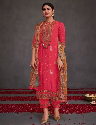 Pastel red muslin silk salwar suit with sequins work