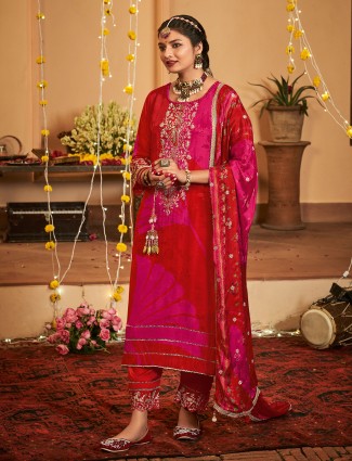 Pink and red silk salwar suit with resham work for women