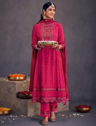 Pink embroidery worked salwar suit in crepe