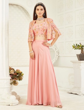 Pink jacket palazzo suit with resham and mirror touch