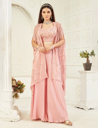 Pink satin silk jacket suit with radiant touches