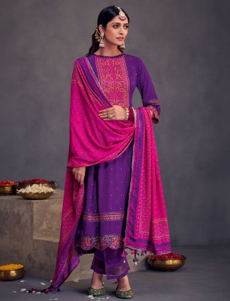 Purple printed crepe salwar suit for festival