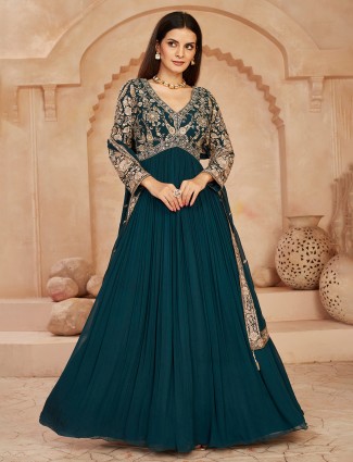Rama blue anarkali suit with pearl and stone highlights