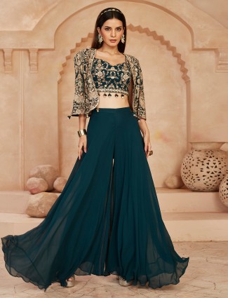 Rama blue georgette jacket style palazzo suit
