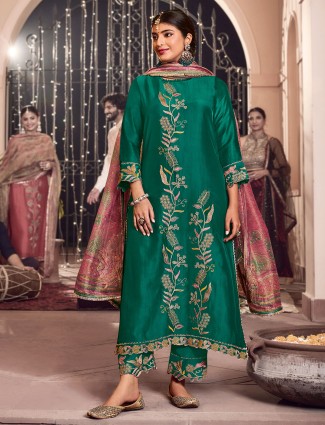 Rama green festive wear salwar suit in soft silk