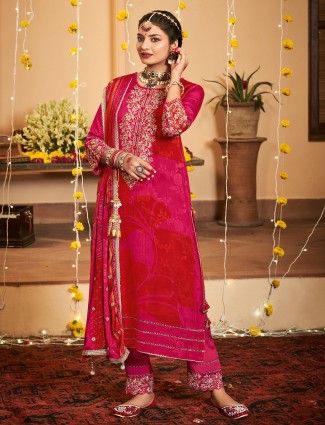 Red and pink silk salwar suit with print
