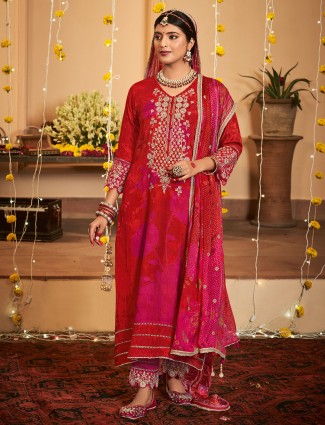 Red silk festive wear salwar suit with print