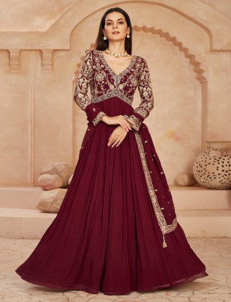 Wine georgette anarkali suit with classic embellishments