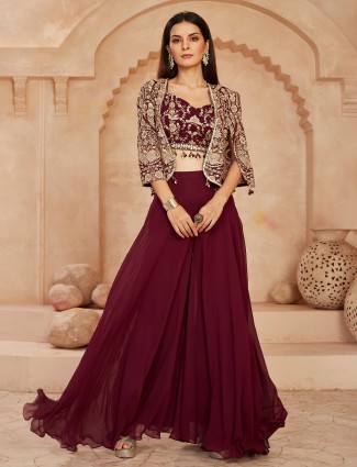 Wine georgette jacket suit with beaded embellishment