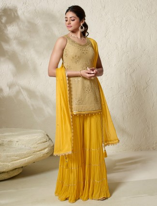 Yellow georgette palazzo suit with resham work for women