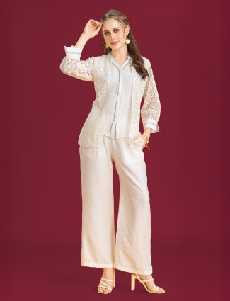 Beige silk palazzo set with stylish jacket