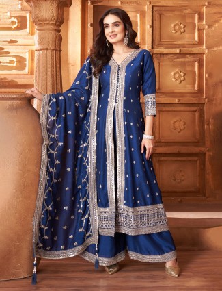 Blue pakistani palazzo ensemble with resham art work