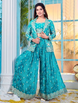 Blue printed palazzo outfit with coordinating jacket