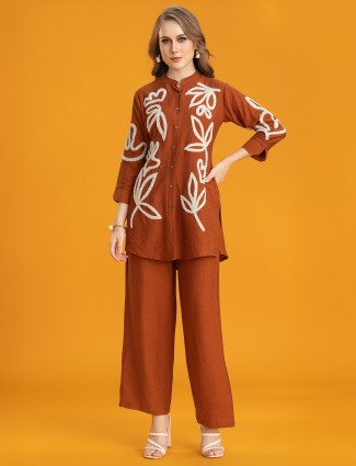 Brown silk co-ord set with thread accents and style