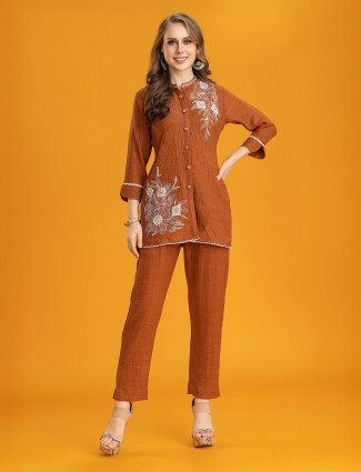 Elegant brown silk with pant co-ord set