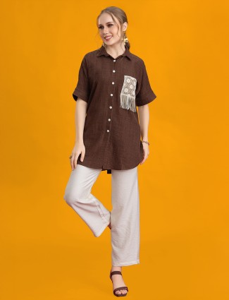 Brown silk palazzo co-ord set with elbow sleeve collar